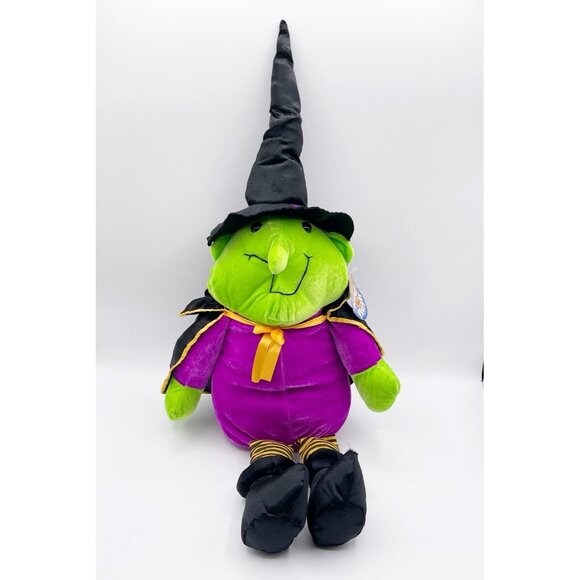 VTG 2002 King Plush Witch Halloween Green Face Purple Dress Striped Legs 24” - Picture 1 of 8